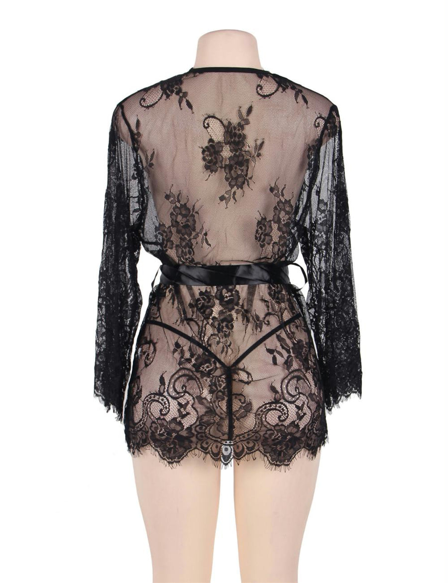 Black Belted Lace Kimono Sleepwear