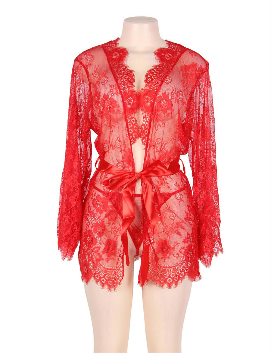 Red Belted Lace Eyelash Sleepwear Gown