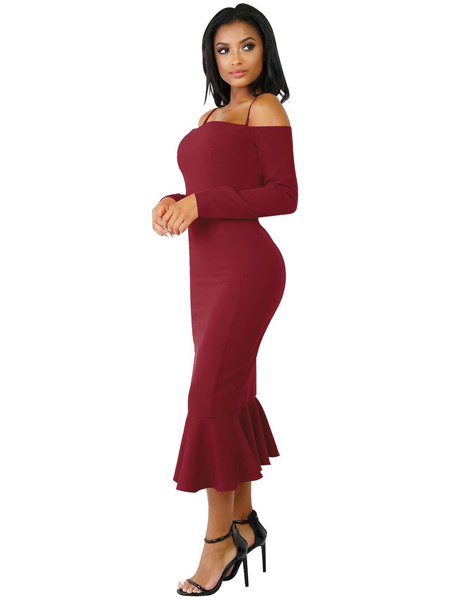 Ruffle Off-Shoulder Midi Dark Red Bodycon Dress