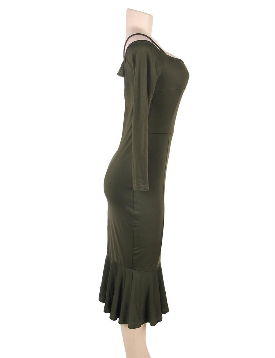 Ruffle Off-Shoulder Midi Dark Green Bodycon Dress