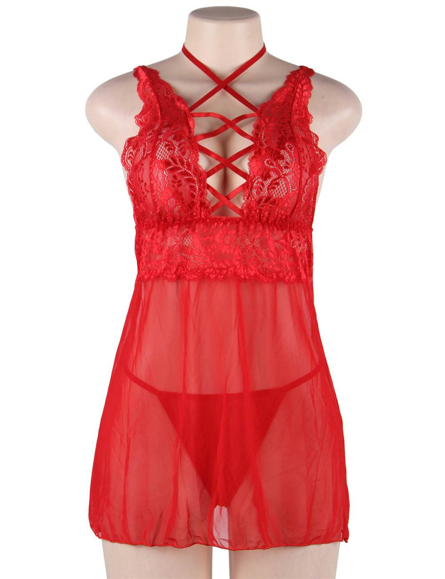 Plus Size Elegant Red Stretch Lace Straps Backless Chemise