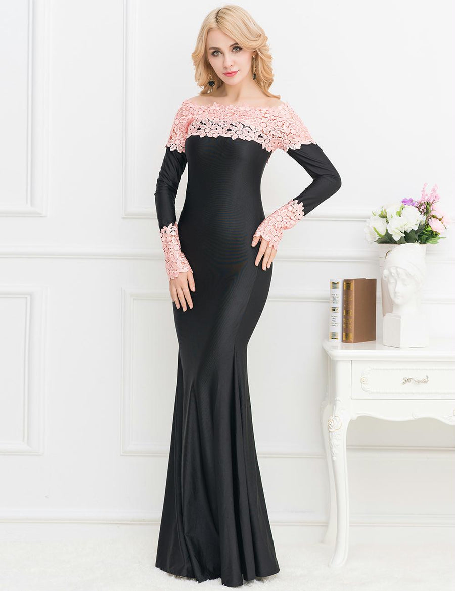 Boat Neck Pink Lace Evening Gown