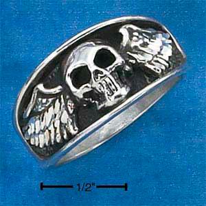 Sterling Silver Mens Skull With Wings Ring