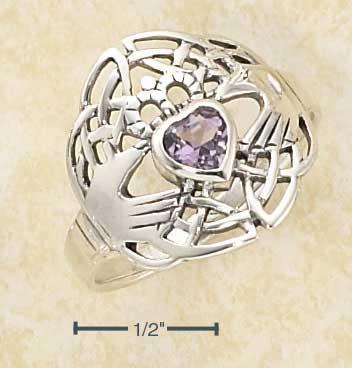 Sterling Silver Heart Shaped Amethyst Claddagh Ring