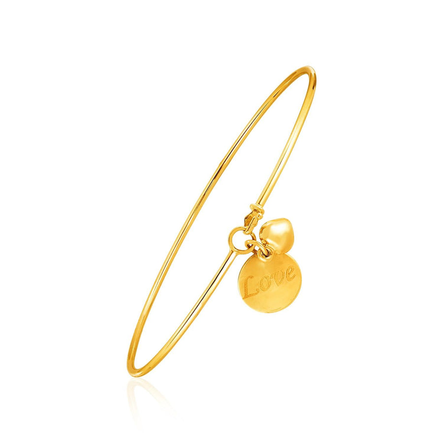 14k Yellow Gold Bangle with EngravedLove and Puffed Heart Charms14k Yellow Gold Bangle with Engraved Love and Puffed Heart Charms