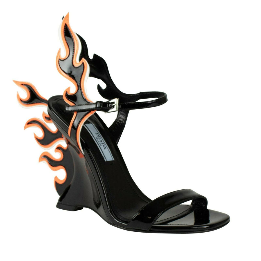 Patent Leather Flame Sandals Wedges - Black