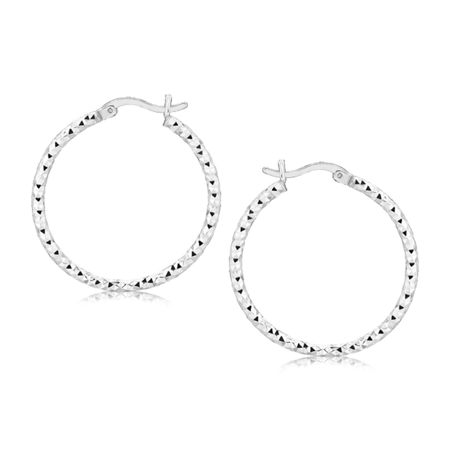 Sterling Silver Faceted Motif Hoop Earrings with Rhodium Plating