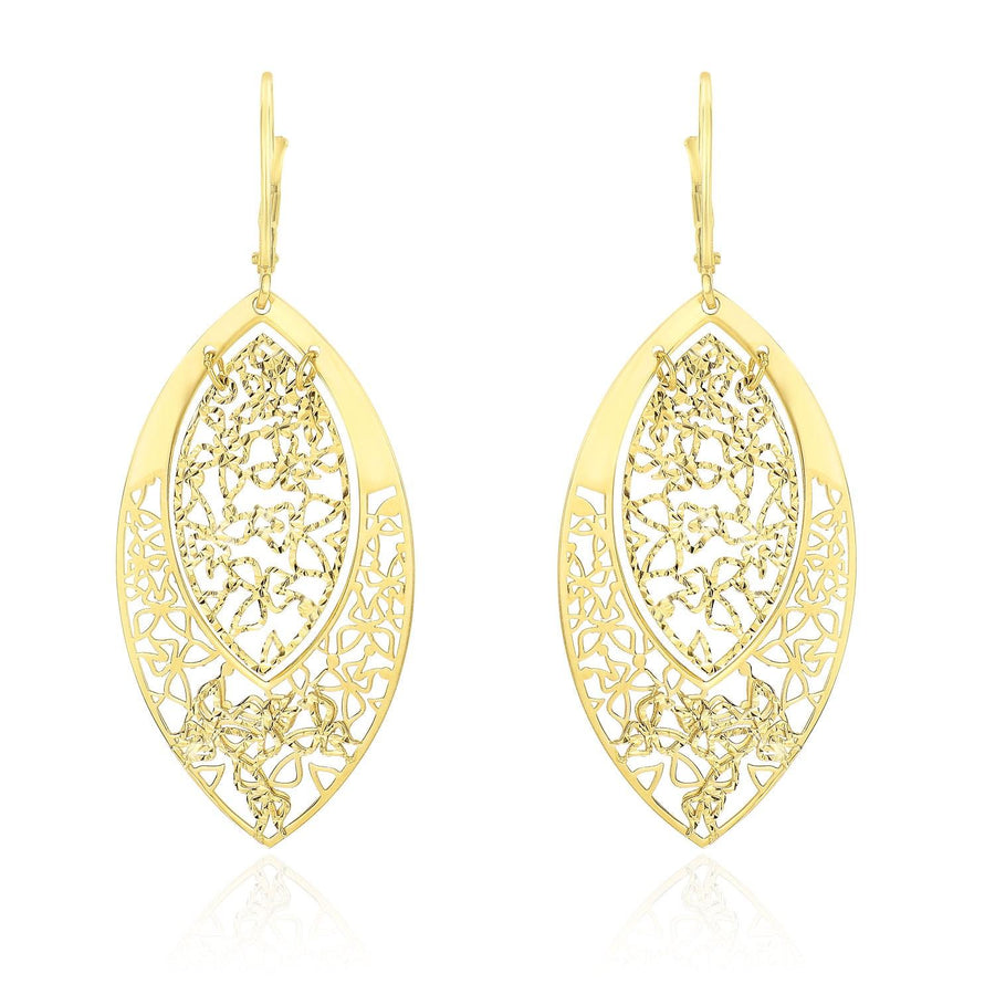 14k Yellow Gold Butterfly Filigree Design Marquis Earrings