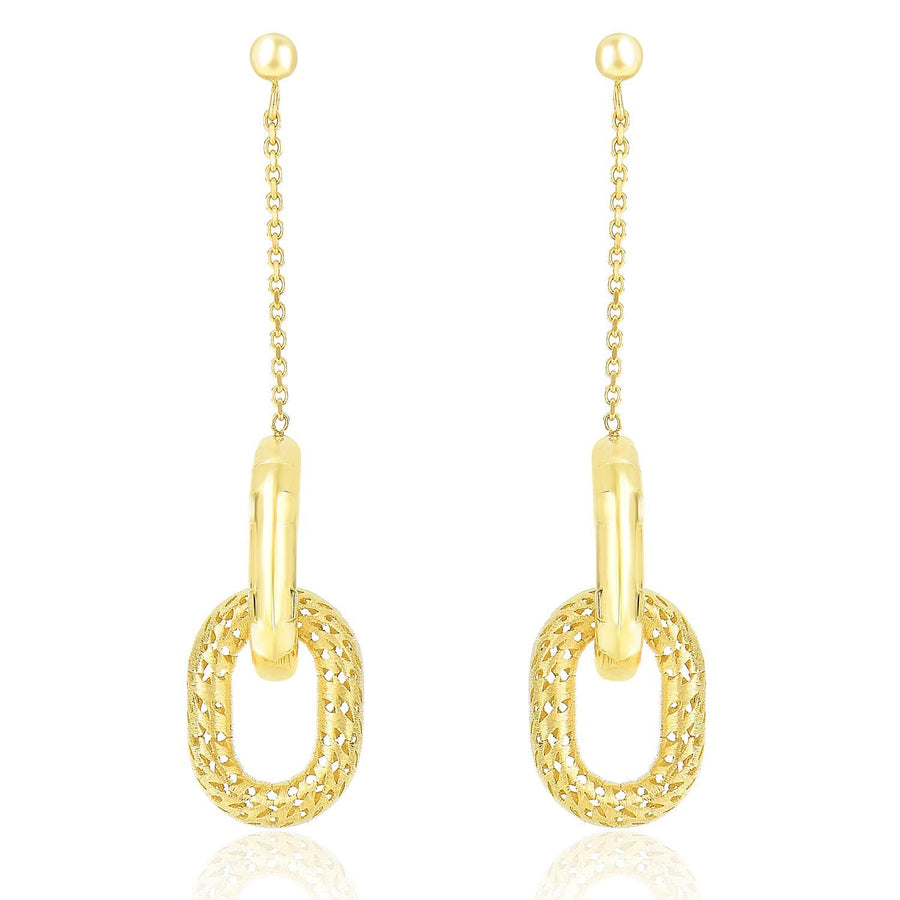 14k Yellow Gold Chain and Oval Motif Weave Style Dangling Earrings