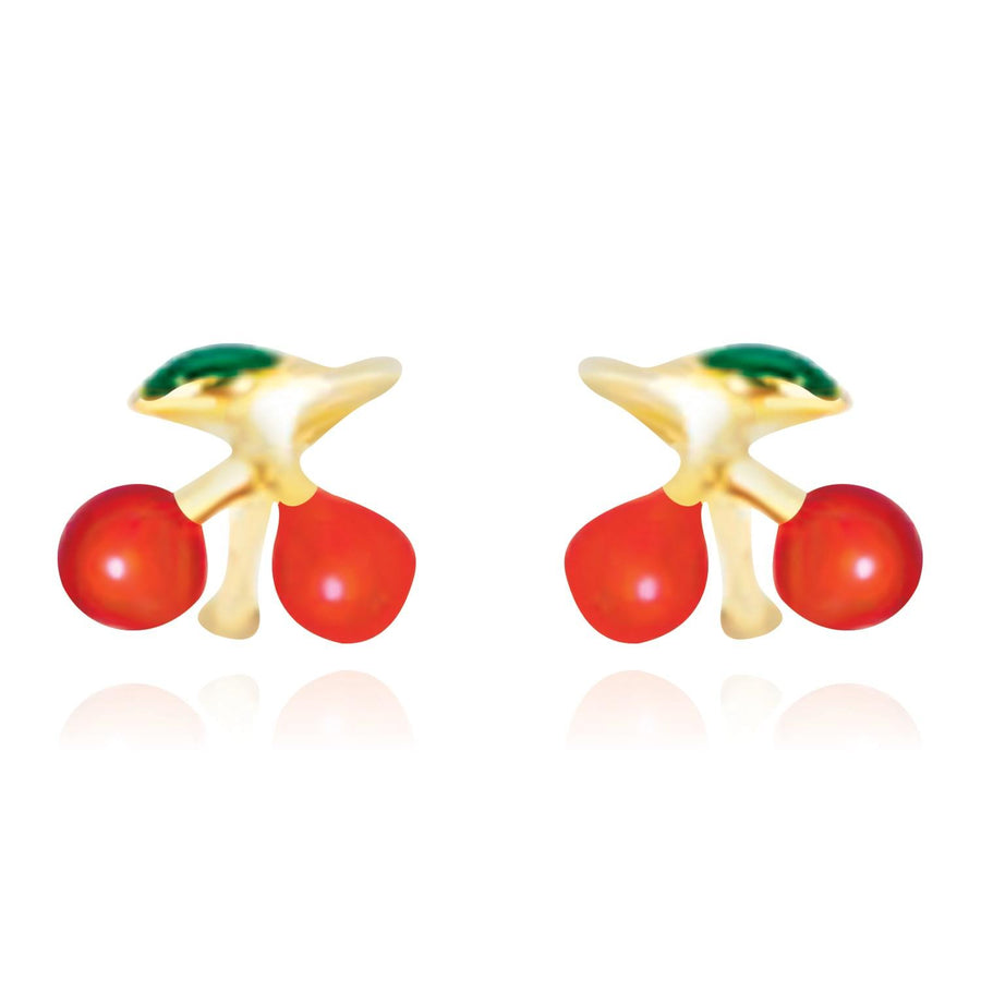 14k Yellow Gold Post Earrings with Cherry Design