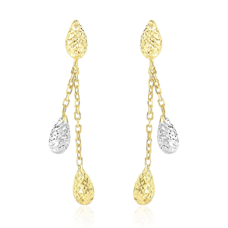 14k Two-Tone Gold Double Row Chain Earrings with Diamond Cut Teardrops