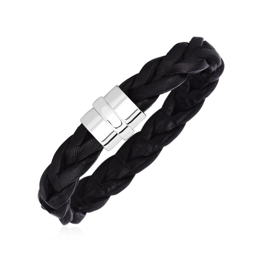 Wide Braided Black Leather Bracelet with Sterling Silver Clasp