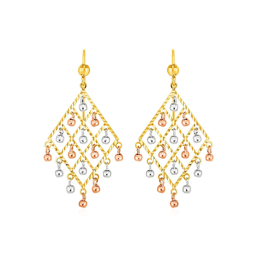 Textured Chandelier Earrings with Ball Drops in 14k Tri Color Gold