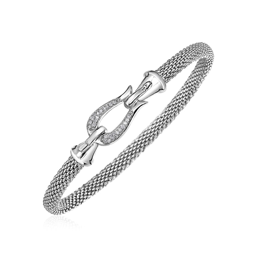 Narrow Popcorn Texture Bracelet with Hook Clasp and Diamonds in Sterling Silver