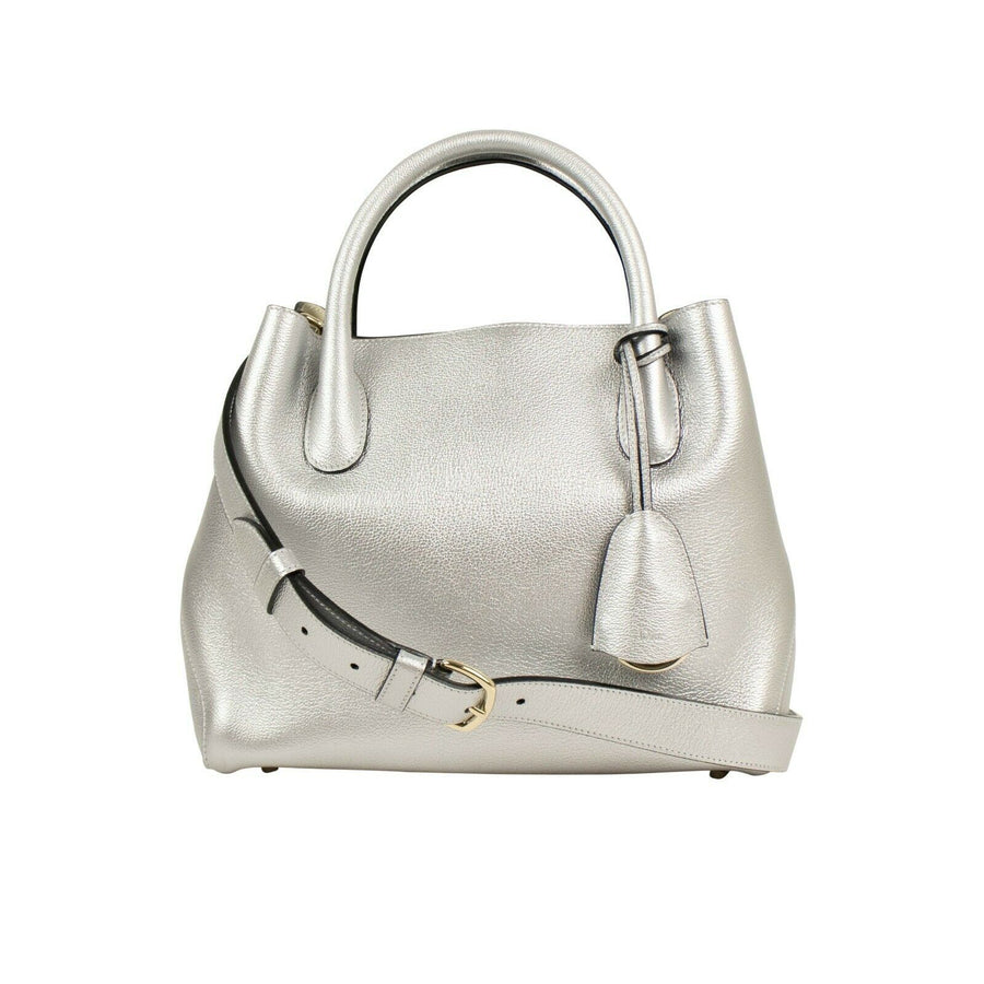 Grained Leather Open Barshopper Tote Bag - Silver