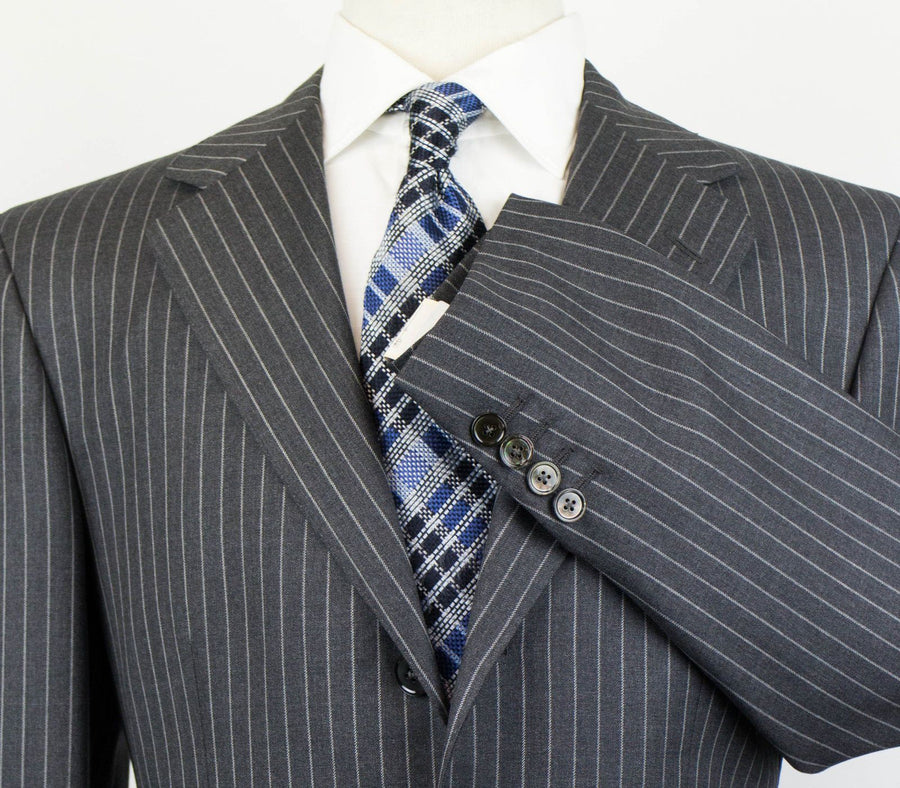 Drop 6 Striped Wool 3 Roll 2 Button Suit - Gray