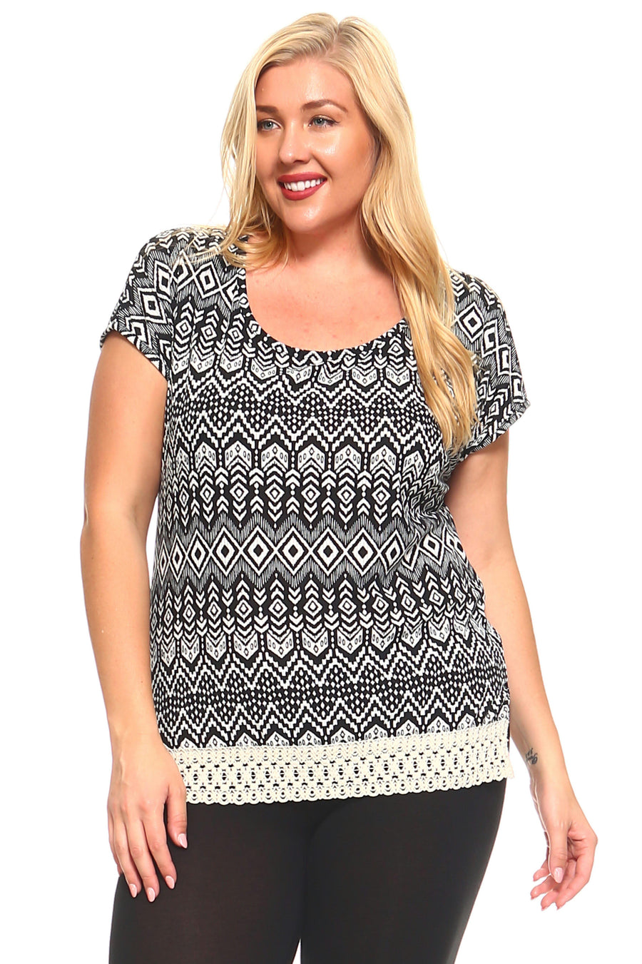 Women's Plus Size Aztec Print Crochet Trim Top