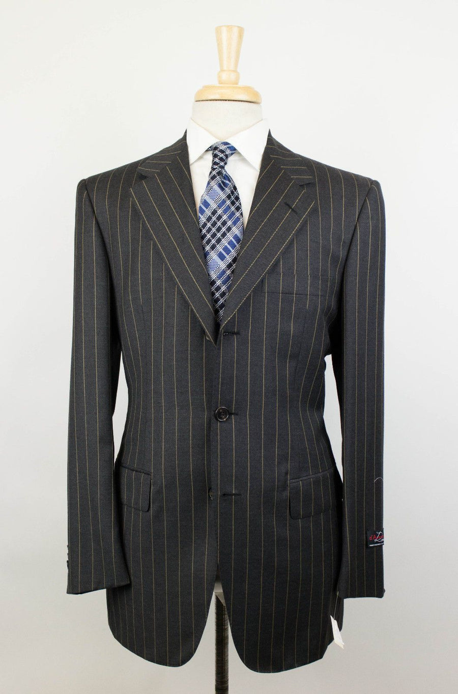 Striped Wool 3 Button Suit - Gray