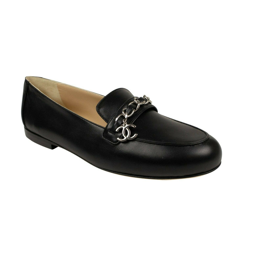 Chain Logo Lambskin Leather Loafers - Black