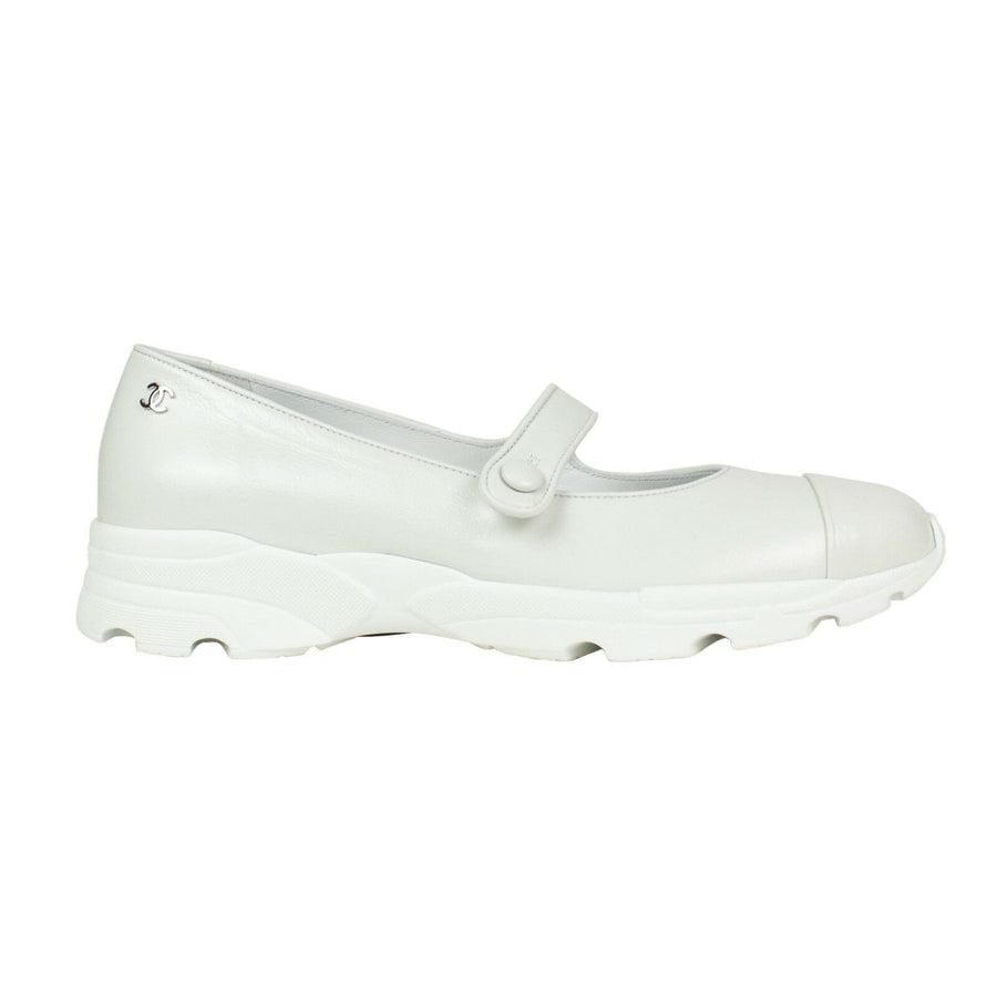 Calfskin Leather Mary Jane Sneakers Flats - White