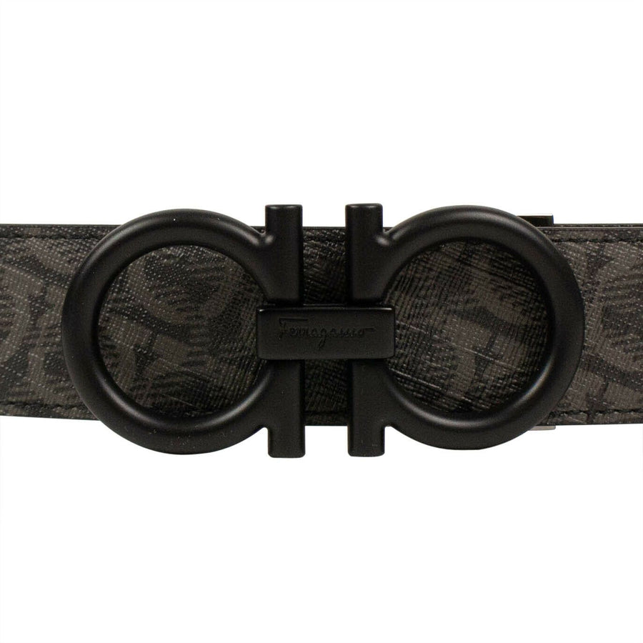 'Gancini' Logo Print Leather  Belt - Black