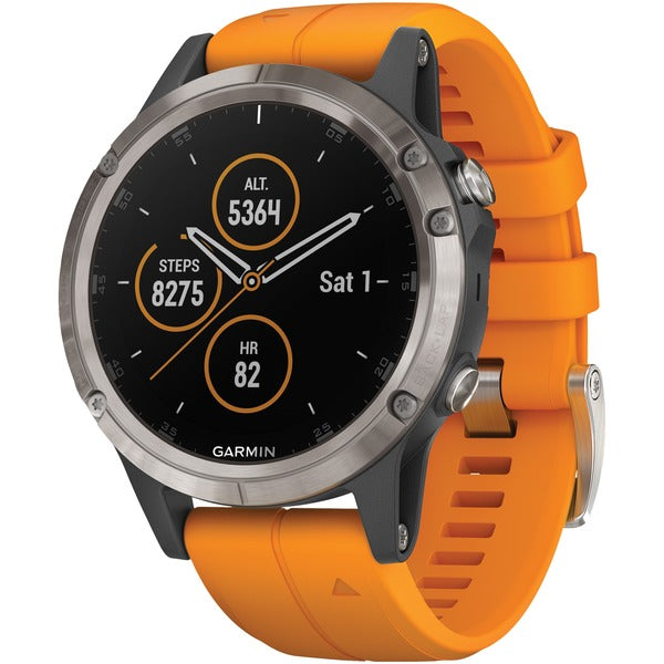 fenix(R) 5 Plus Multisport GPS Watch for Medium Wrists (Sapphire Edition, Titanium with Solar Flare Orange Band)