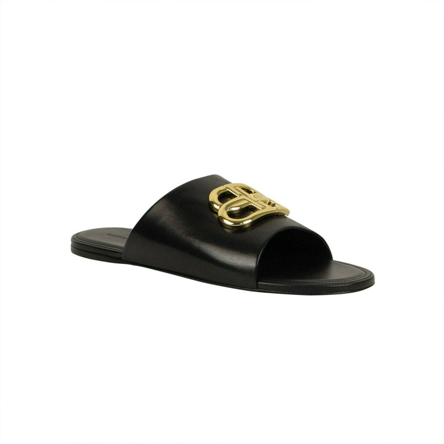 Leather Oval 'BB' Mule Sandal - Black