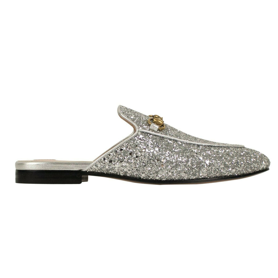 Glitter Leather 'Princetown' Mules - Silver