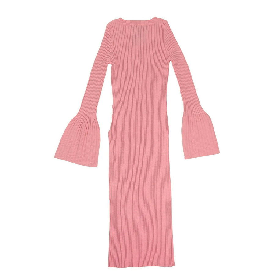 Midi Body-Con Ribbed Bell Sleeve Sweater Dress - Pink