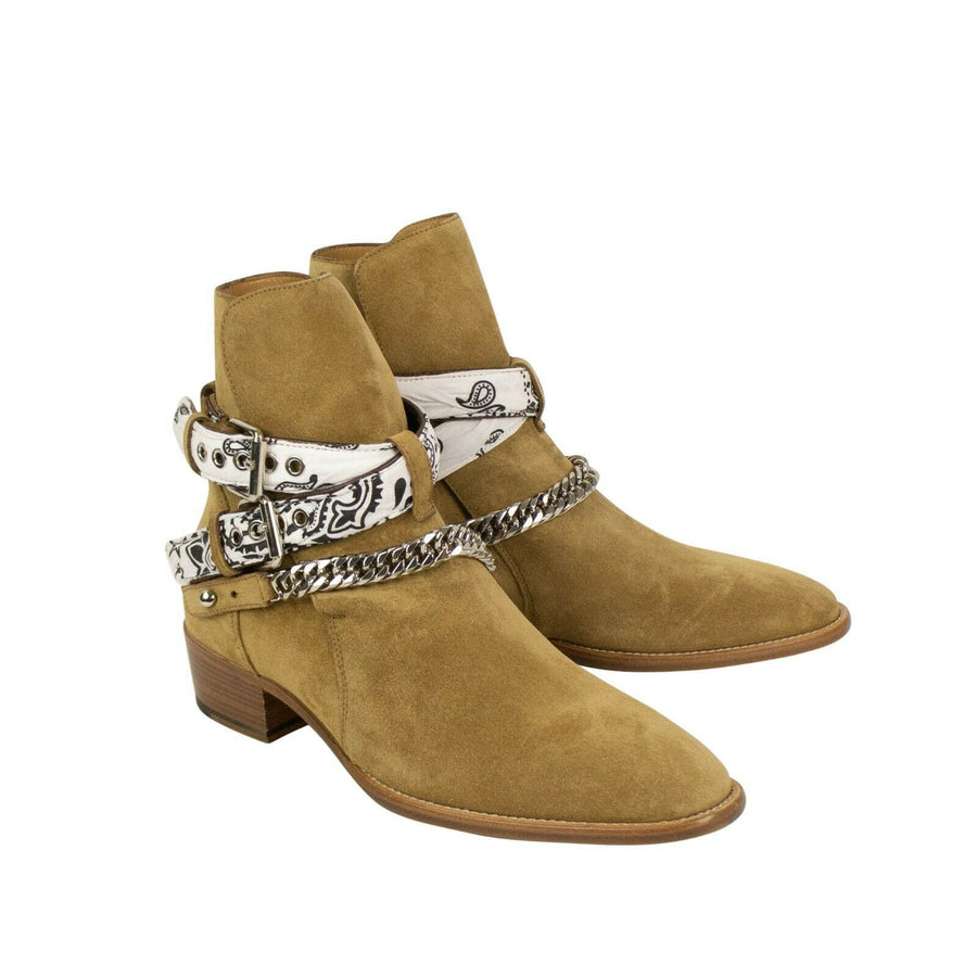 Suede Bandana Buckle Ankle Boots - Tan