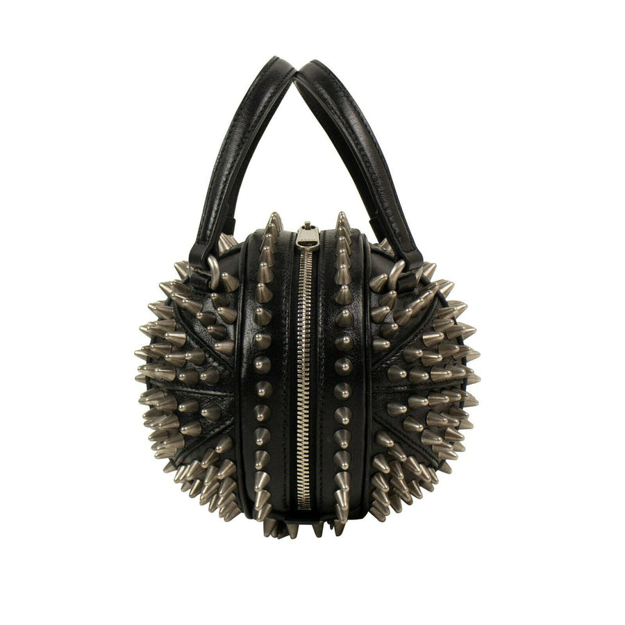 Leather Mini 'Tifosa' Silver Studded Ball Shoulder Bag - Black