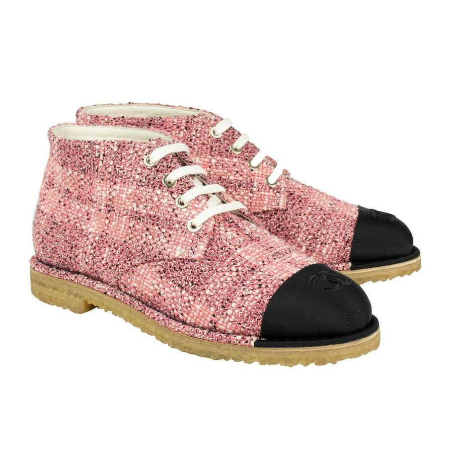 Tweed Cap Toe Lace Up Booties - Pink