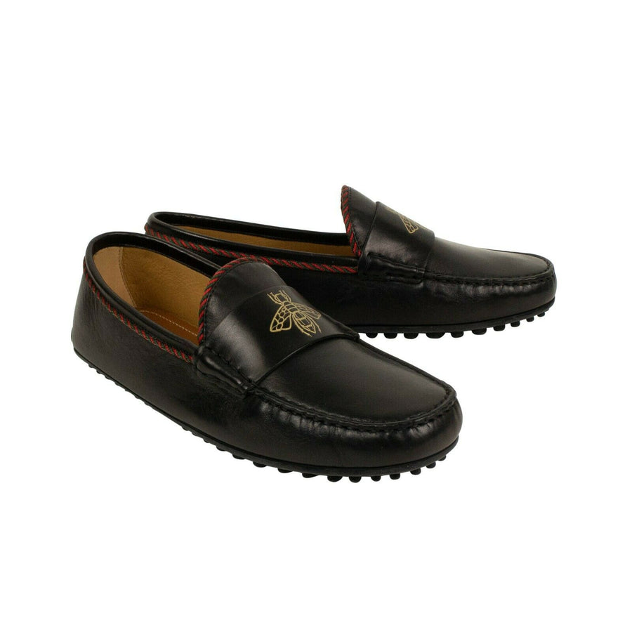 Men's Leather Bee Embossed Loafers - Black