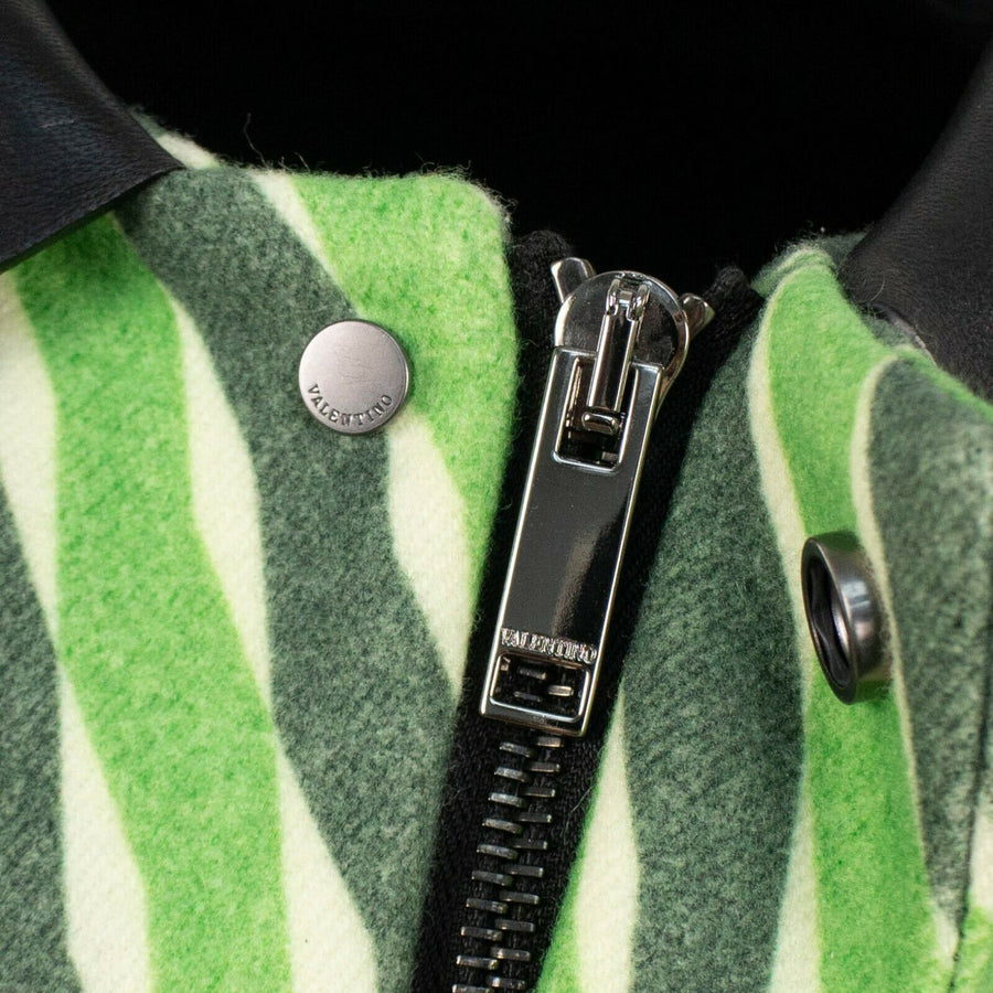 Printed Stripes Leather Collar Wool Coat - Green