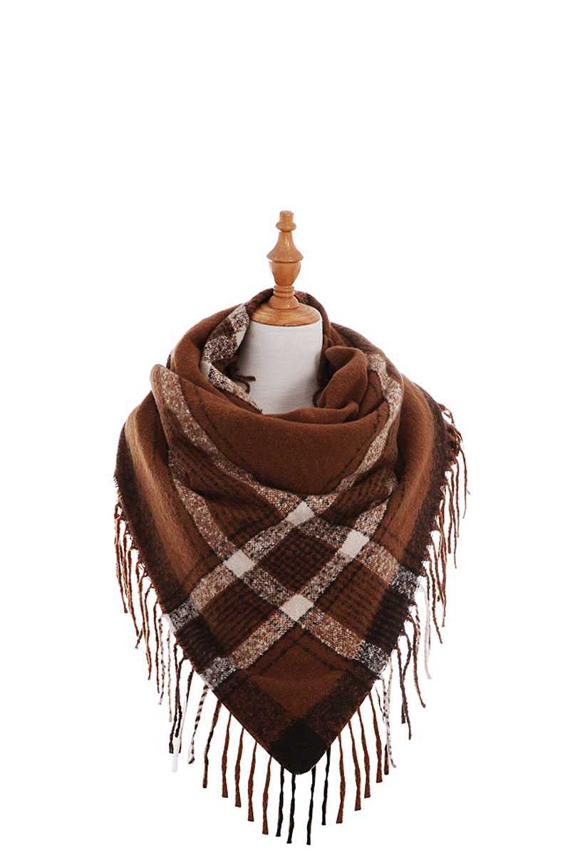 Trendy Color Block Check Square Scarf With Fringe