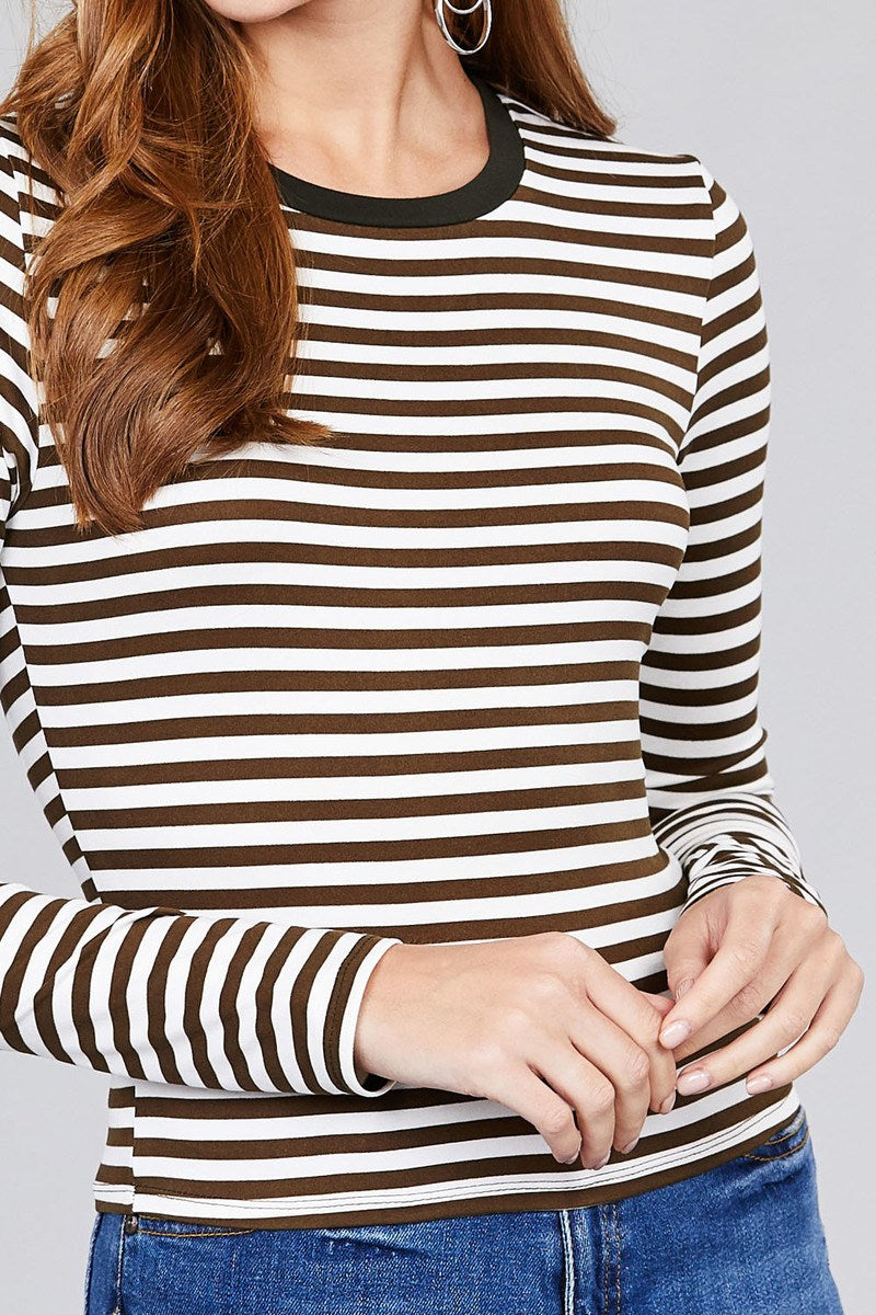 Ladies fashion long sleeve crew neck striped dty brushed top