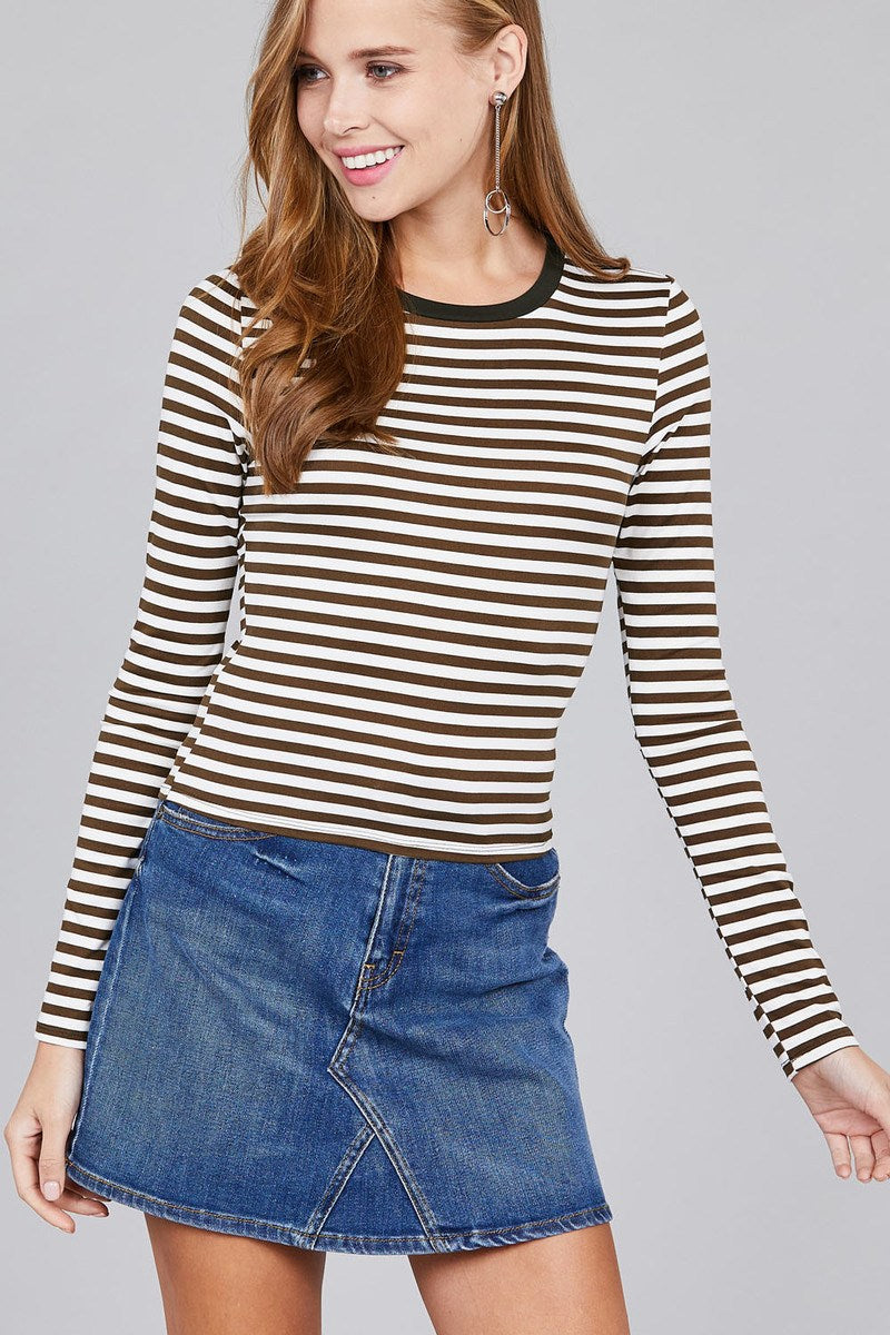 Ladies fashion long sleeve crew neck striped dty brushed top