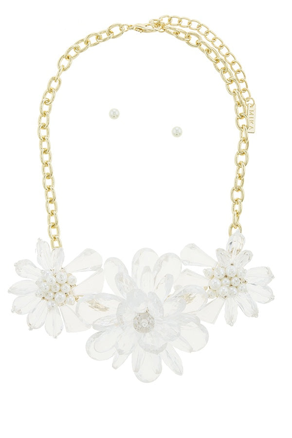 Clustered faux pearl flower statement necklace set