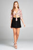 Ladies fashion elbow bell sleeve open front self tie floral print mesh crop top