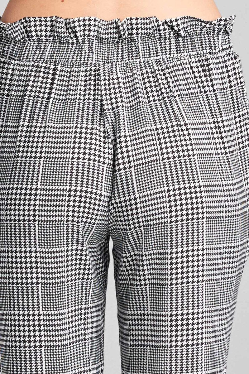 Ladies fashion plus size self ribbon detail long leg checked print woven pants