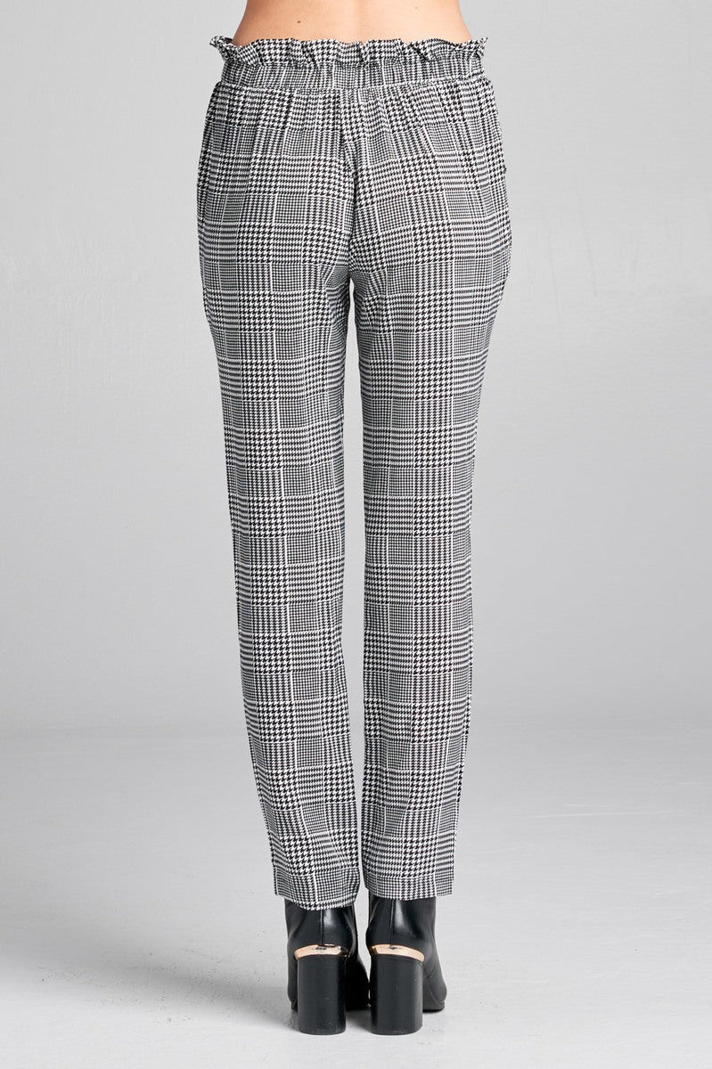 Ladies fashion plus size self ribbon detail long leg checked print woven pants