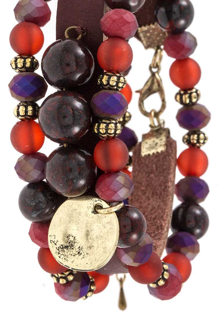 Three piece mix bead faux leather bracelet