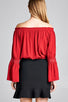 Ladies fashion long sleeve w/lace trim off the shoulder self tie front crinkle gauze woven top