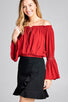 Ladies fashion long sleeve w/lace trim off the shoulder self tie front crinkle gauze woven top