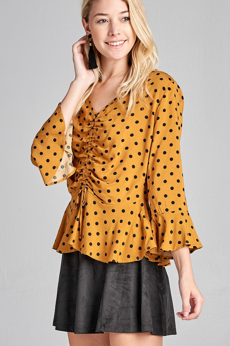 Ladies fashion 3/4 sleeve vneck w/shirring detail flared hem dot print woven top