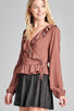 Ladies fashion long sleeve v-neck w/ruffle wrap side ribbon tie dot print woven top