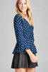 Ladies fashion 3/4 sleeve vneck w/shirring detail flared hem dot print woven top