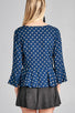 Ladies fashion 3/4 sleeve vneck w/shirring detail flared hem dot print woven top