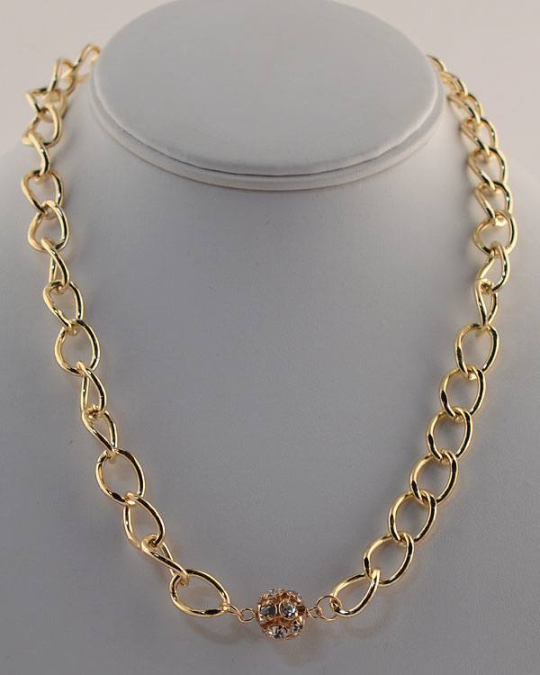 Chain Link Necklace w/ Rhinestone Bead Detail