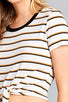 Ladies fashion short sleeve round contrast neck with knotted front crop multi stripe rayon spandex top